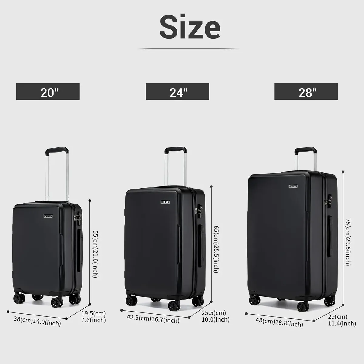 valises à main kono s/m/l, coque rigide légère en pc+abs avec serrure tsa, 4 roues multidirectionnelles, compatible cabine