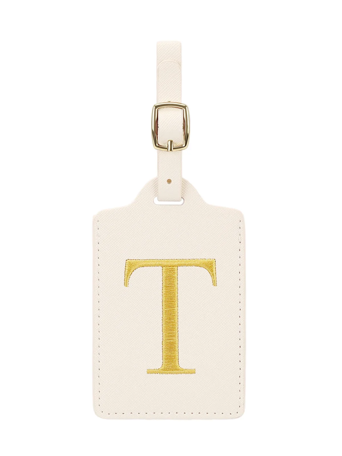 étiquette bagage polyester lettre dorée cuir blanc rectangulaire identification voyage unisexe alphabet fixation anneau métallique