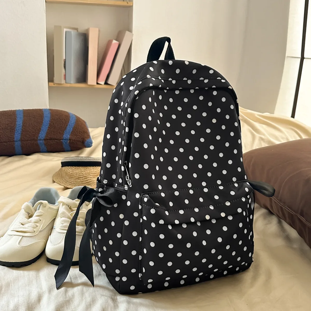 sac à dos scolaire mignon à pois, sac à dos en nylon kawaii, sac à dos esthétique pour filles, femmes, lycée, collège