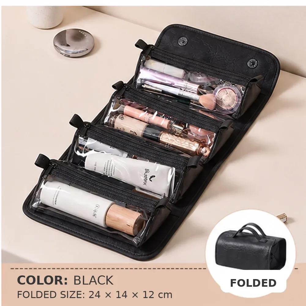 trousse de maquillage de voyage pour femmes en déplacement professionnel, 4 pochettes transparentes détachables, organiseur de cosmétiques et de toilette pliable à suspendre