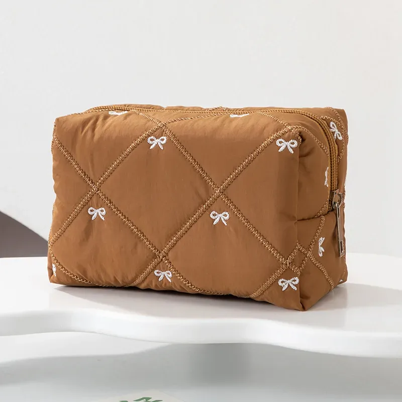 sac de toilette brodé à nœud, grande capacité, sac de voyage, sac à maquillage à carreaux, pochette de rangement