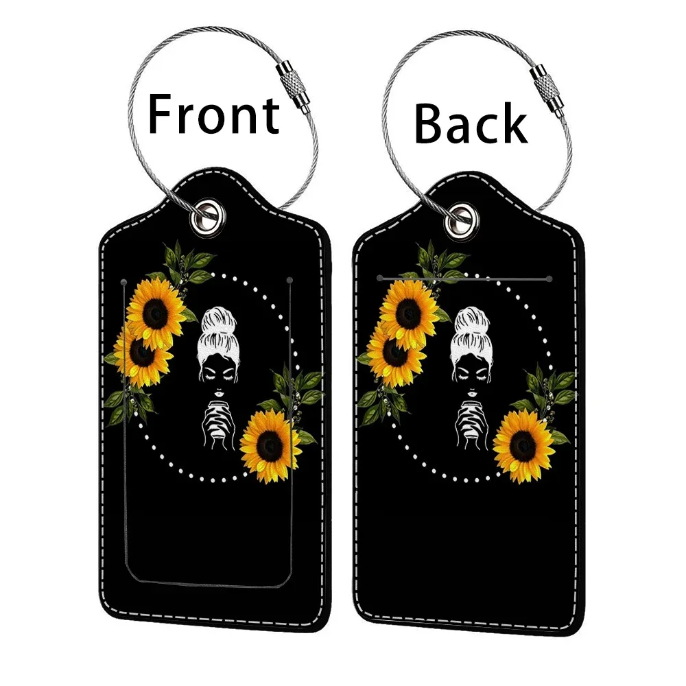 étiquette bagage polyuréthane motif tournesols bleu nuit jaune voyage identification personnelle plaques adresses double cartes bancaires