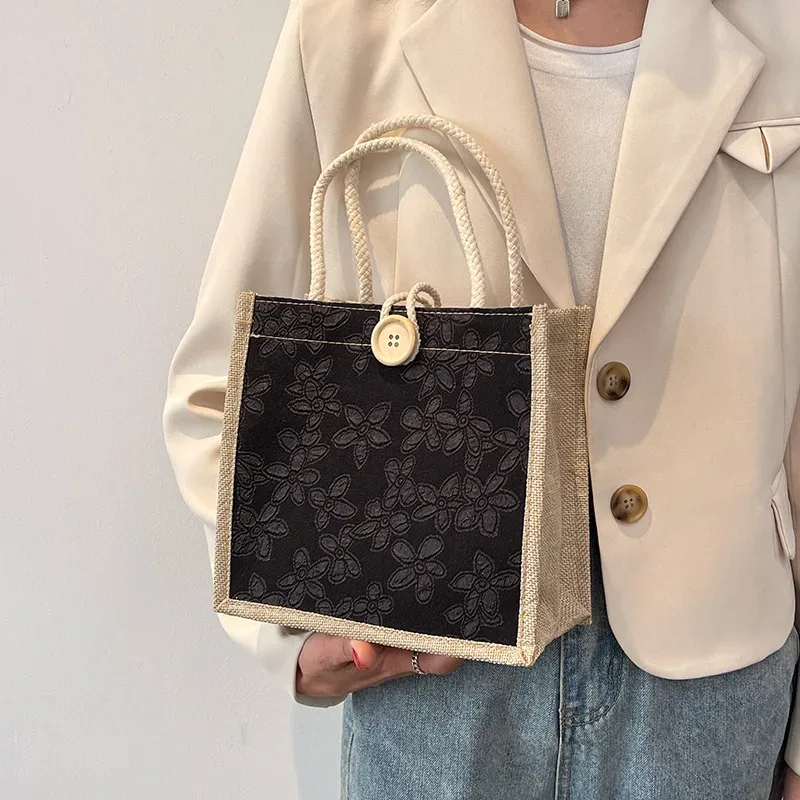 sac fourre-tout en lin vintage pour femmes, sacs à main de plage d'été, sac de bricolage rétro, sac à cuillère portable, sac à provisions multiple top foy