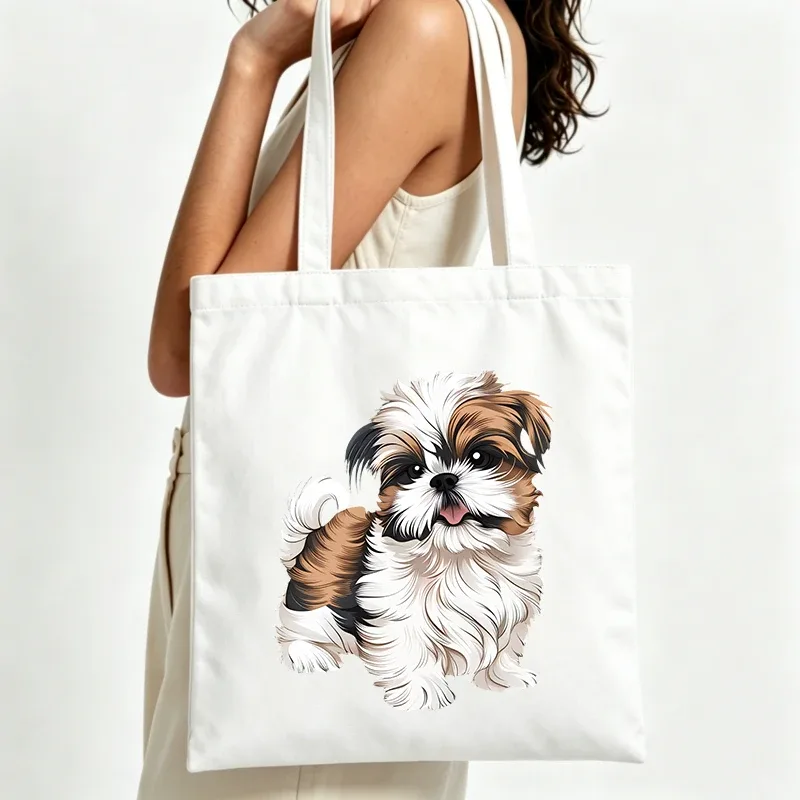 sac fourre-tout en toile avec motif chiot shih tzu, style décontracté pour les courses et les sorties quotidiennes