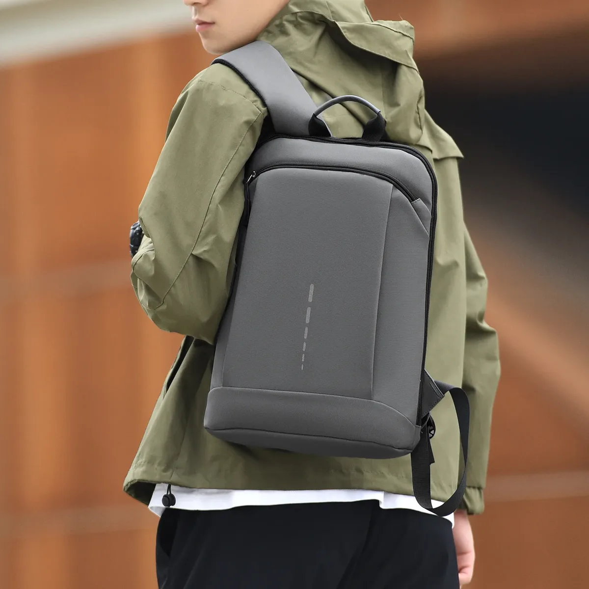 sac dos polyester imperméable gris noir beige cadre interne grande capacité bandoulière arquée informatique décontracté