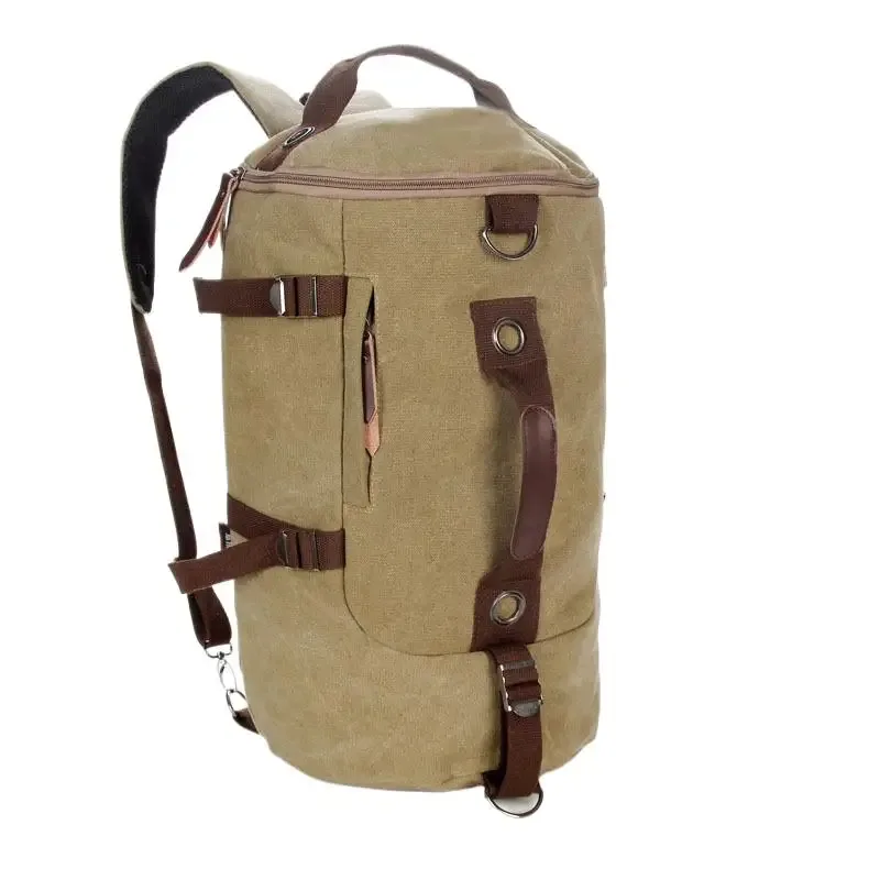 sac dos toile cuir bandes marron toile beige fermetures glissières poignée souple capacité voyage