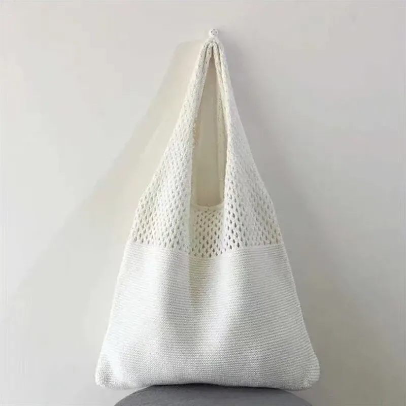 sac de rangement portable en fil tricoté style rétro, grande capacité, sac à bandoulière décontracté, sac de shopping, sac fourre-tout pratique, sac à main
