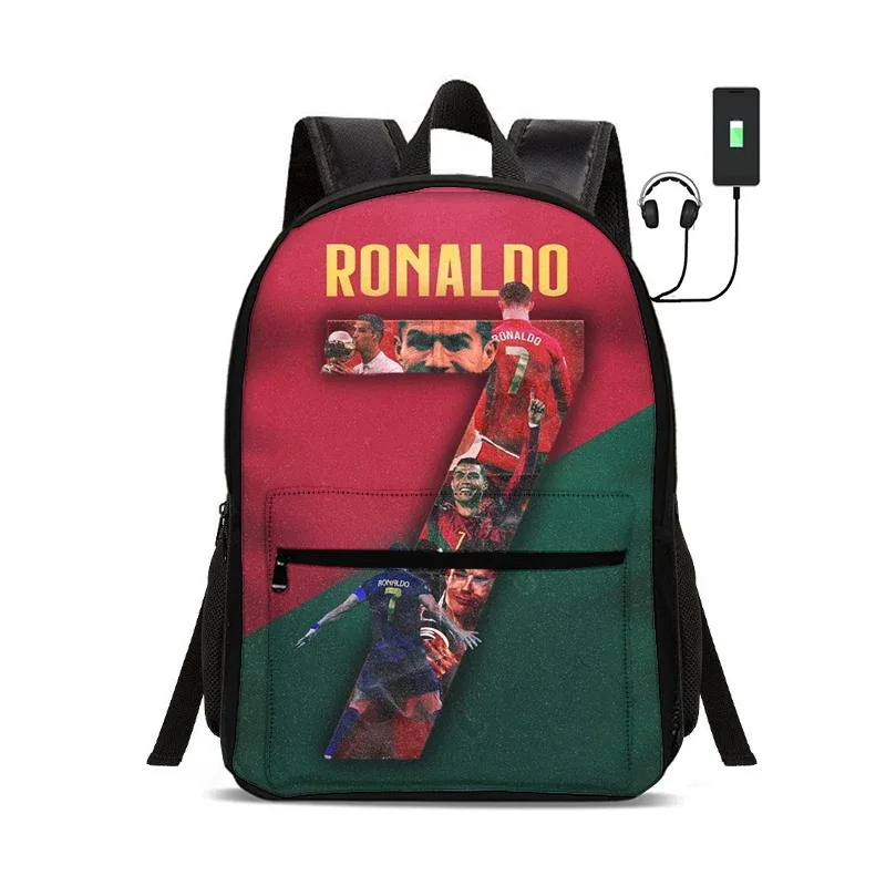 sac à dos de star du football avec interface usb, sac à dos ronaldo pour étudiants, sac à dos pour garçons et filles, meilleur cadeau