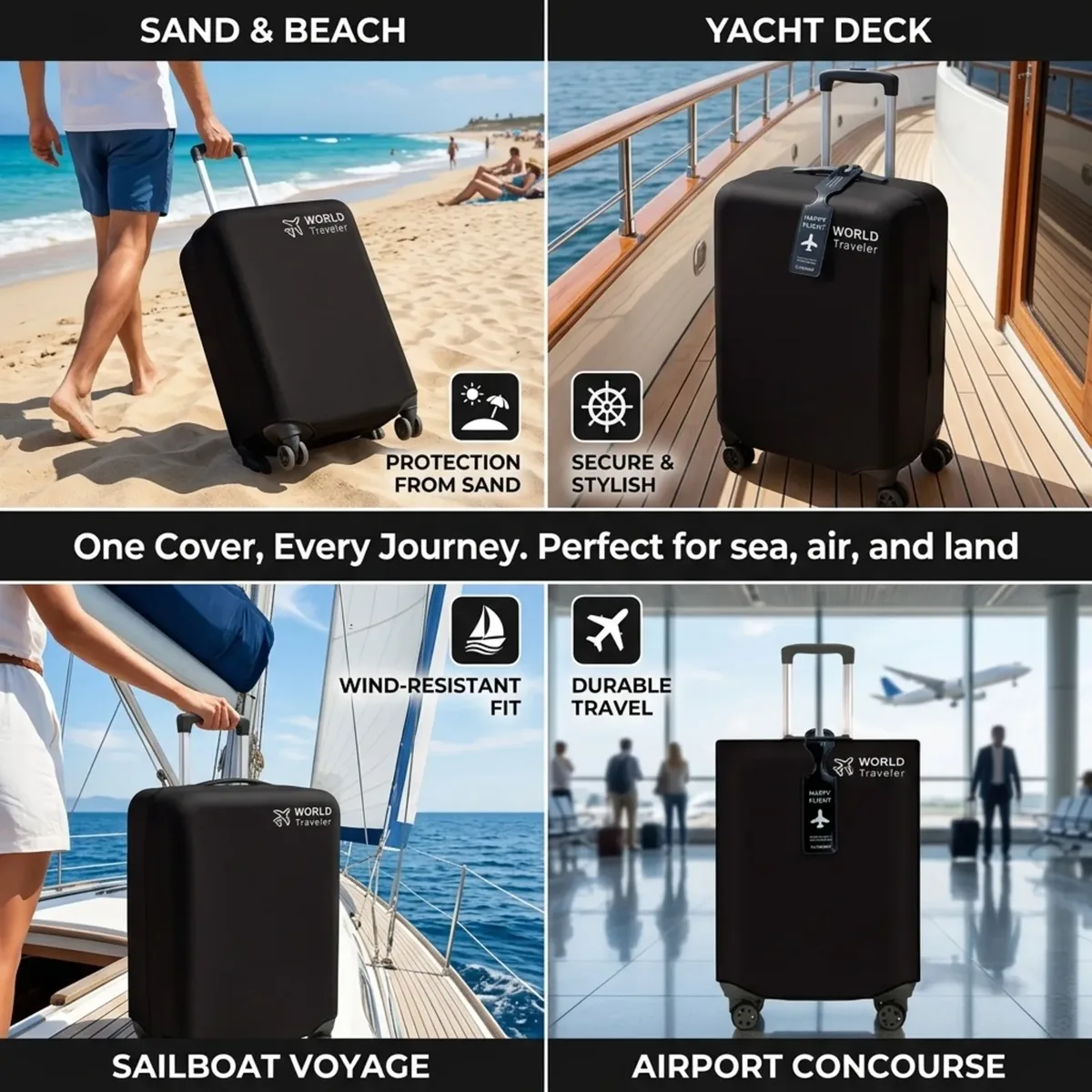 housse valise protection tissu non tissé noire logo avion étiquette bagage texte happy flight identification voyage