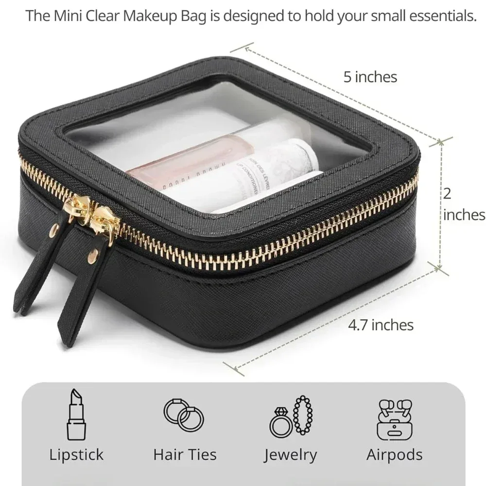 mini trousse de maquillage transparente en faux cuir pu saffiano végétalien, jolie petite fenêtre visible, rangement de rouges à lèvres, étui à cosmétiques pour pochette à main