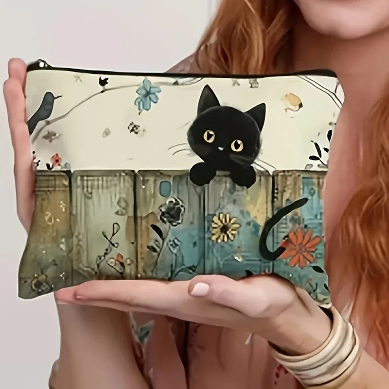 pochette florale à fermeture éclair pour chat noir – trousse à cosmétiques durable et résistante à la décoloration, cadeau pour sœurs, amis, amoureux des chats | conception vibrante