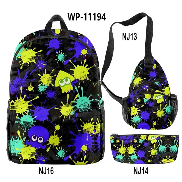splatoon-sac à dos pour ordinateur portable, sac à bandoulière incliné, trousse à crayons, sac à dos pour 3 élèves, jeu de mode créatif, ensemble de 3 pièces