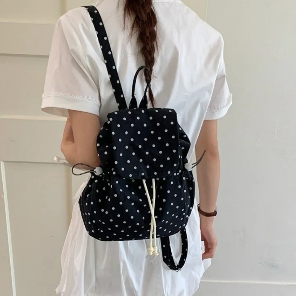 sac à dos à pois multi-poches avec cordon de serrage, style coréen polyvalent, sac à dos de jour en tissu grande capacité, idéal pour les affaires