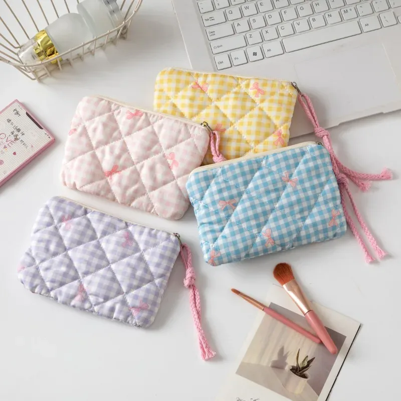 sac à cosmétiques avec nœud mignon, sac à cosmétiques à fermeture éclair pour femmes, petit étui de rangement pour rouge à lèvres, trousse de maquillage, sacs pour cartes de voyage pour dames