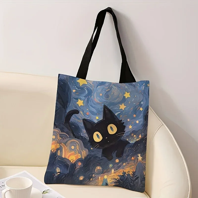 sac fourre-tout imprimé motif chat de nuit noir, fourre-tout en tissu de coton de dessin animé, sacs à bandoulière pour femmes, sac à main écologique pliable et réutilisable