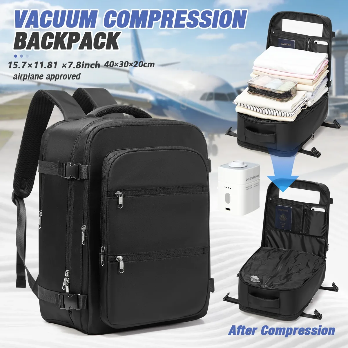 sac à dos de voyage ryanair 40x30x20, sac à dos de cabine d'avion pour easyjet wizzair, sac à dos à compression sous vide pour hommes, sac à dos pour ordinateur portable
