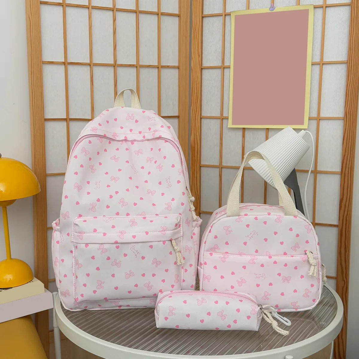 sac dos nylon papillons cœurs noir blanc rose adolescentes étudiantes voyage école pochette main set