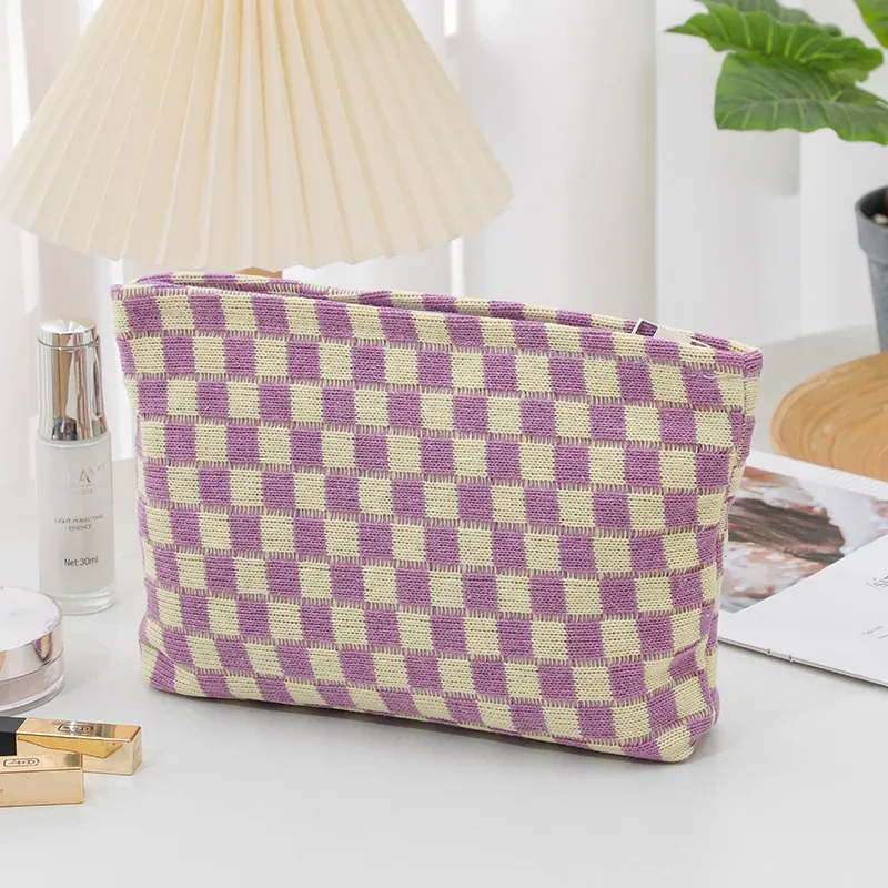 trousse de maquillage à carreaux, trousse de toilette de voyage, organisateur de pinceaux de maquillage mignons, sac de rangement d'accessoires esthétiques pour femmes