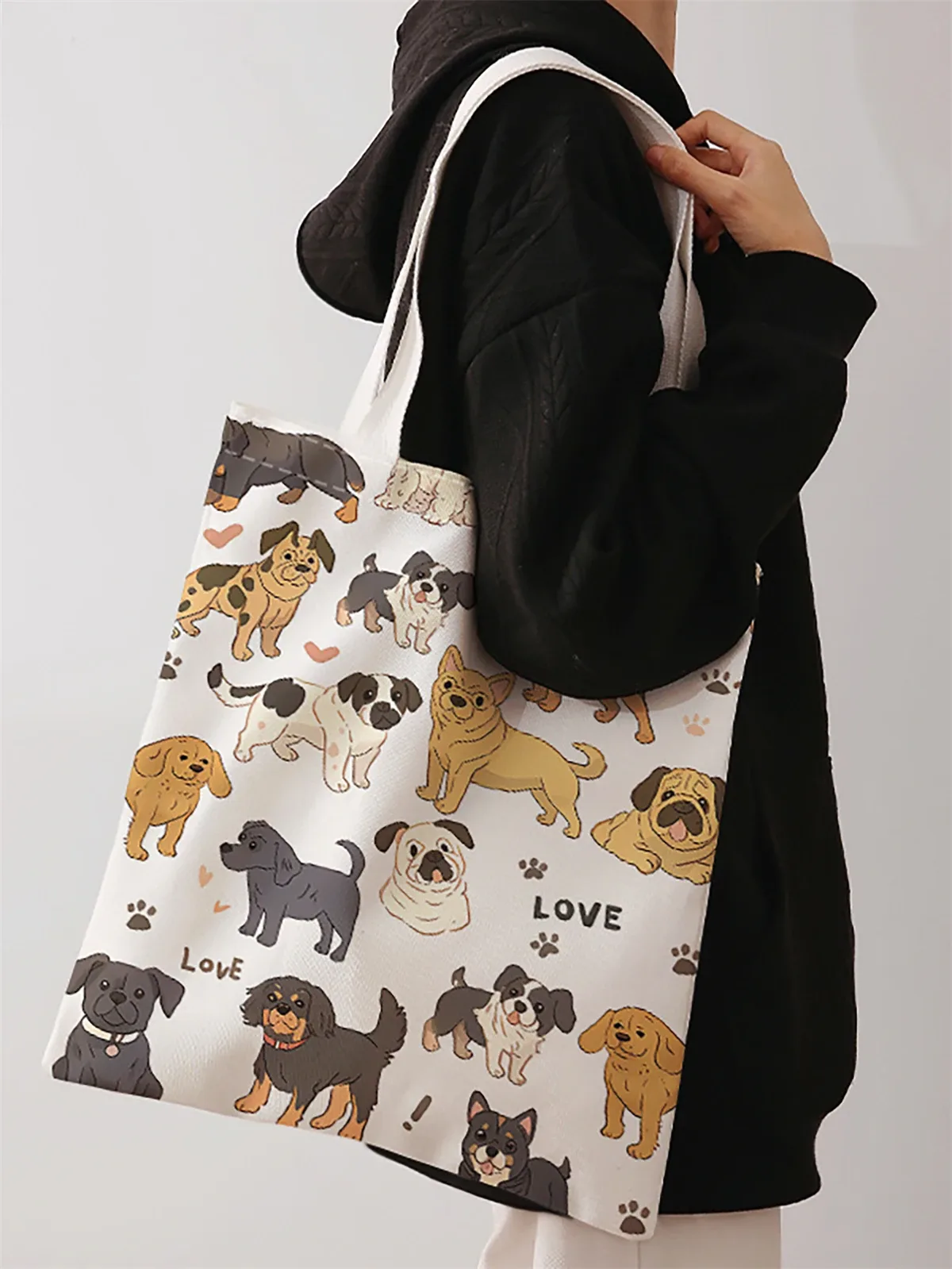 sac à main décontracté imprimé motif chien, sac à dos réutilisable à la mode, sac à main multifonctionnel, sac de shopping en toile