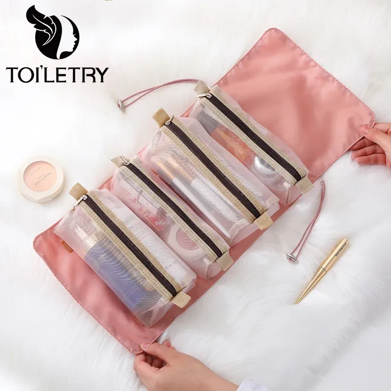 sacs de maquillage détachables 4 pièces en 1, sac à cosmétiques portable pliable de voyage, sac de rangement de toilette séparable, organisateur, pochette de maquillage, nouveau
