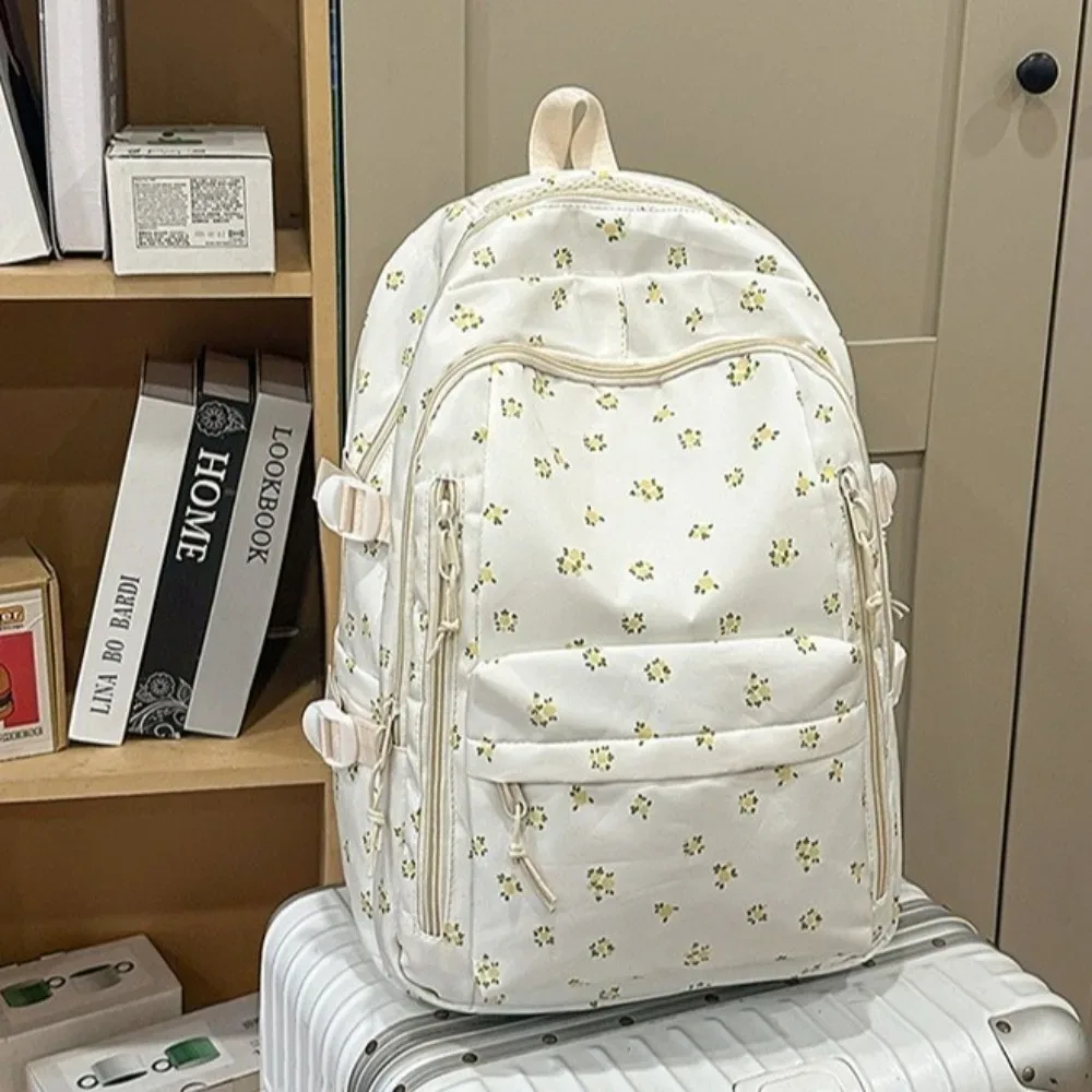 sac à dos mignon à imprimé floral de grande capacité, multi-poches, motif de nœud épaissi, sac d'école léger et durable, sac à dos de voyage