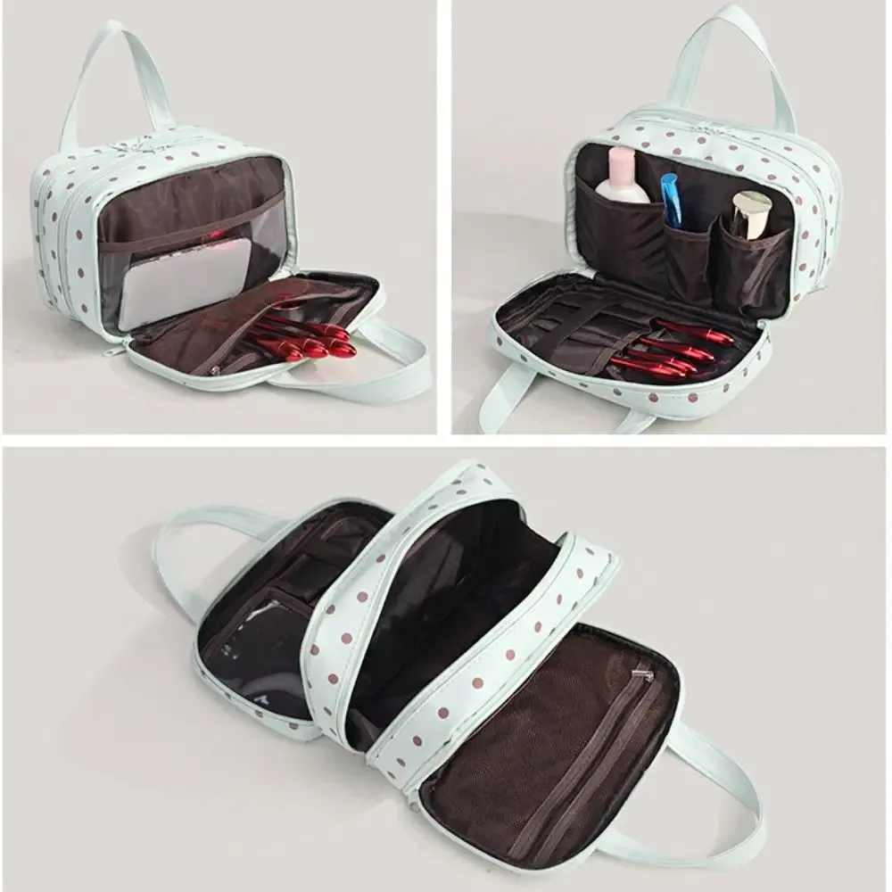 sac de maquillage portable à pois, multifonctionnel, à trois compartiments, en pu, grande capacité, imperméable, sac de rangement de voyage