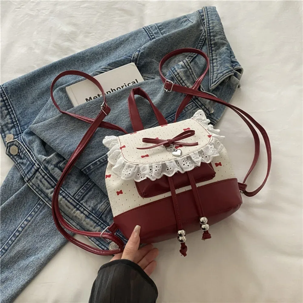sac à dos mini léger à nœud papillon et dentelle tendance, motif pois, petit sac à livres pour femme
