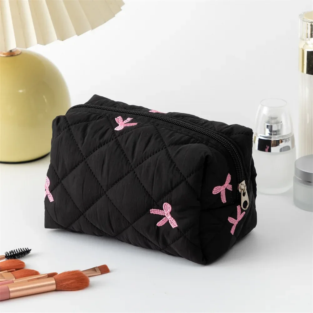 trousse de maquillage en coton matelassé avec nœud pour femme, sacs à cosmétiques à fermeture éclair, trousse de toilette portable pour fille, grande capacité, évaluation de maquillage