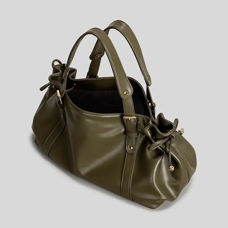 Sac fourre-tout vintage en cuir souple plissé avec cordon de serrage, grand sac à bandoulière simple pour femme, sac de travail Boston