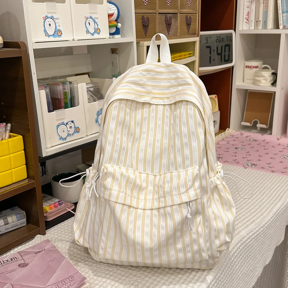 nouveau style japonais, sac à dos décontracté à rayures, grande capacité, pour collégiennes, idéal pour les voyages, sac à dos à double bandoulière pour filles 2026