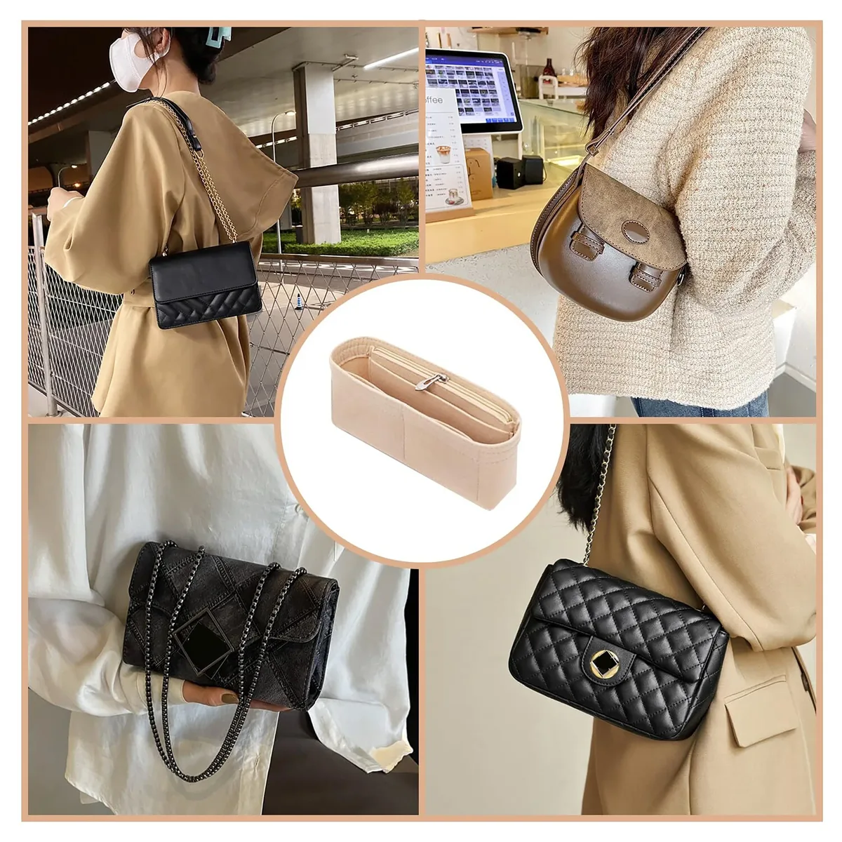 organisateur voyage feutre beige compartiments zippés poches latérales sac main maquillage accessoires léger pliage transport