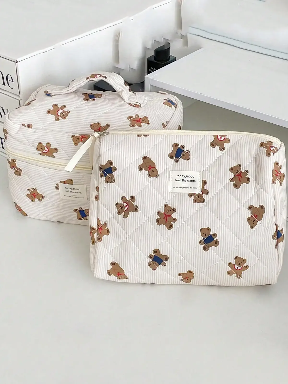 1 pièce/ensemble de trousse de maquillage matelassée ours rayé, trousse de maquillage de rangement portable, trousse de maquillage ours mignon, trousse de maquillage multifonctionnelle