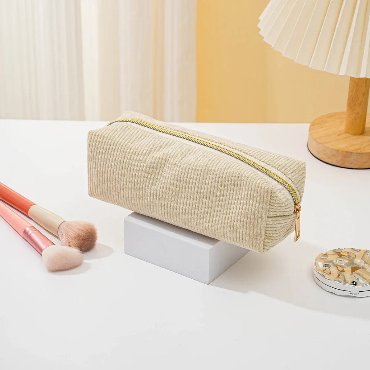sac à cosmétiques portable en velours côtelé, grande capacité, sac de voyage pour maquillage, trousse de toilette portable pour femmes et filles, rangement multifonctionnel