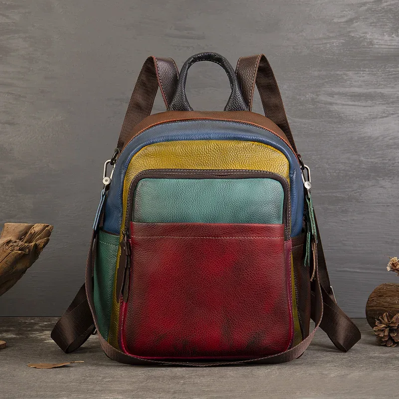 sac à dos patchwork en cuir véritable pour femme, sacs à bandoulière en cuir de vache véritable, fourre-tout de voyage en cuir de vache à la mode