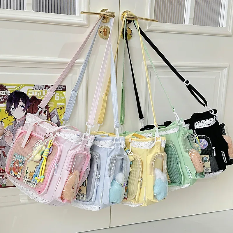 sacs bandoulière style universitaire pour fille, poche transparente, couleur unie, itabag grande capacité, sac à bandoulière en dentelle, pour poupées en coton, tenue quotidienne