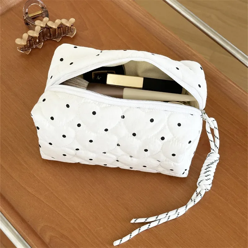 sac à cosmétiques en toile à pois pour femmes, trousse de maquillage kawaii douce et mignonne, sac de rangement de grande capacité à main de noël pour filles