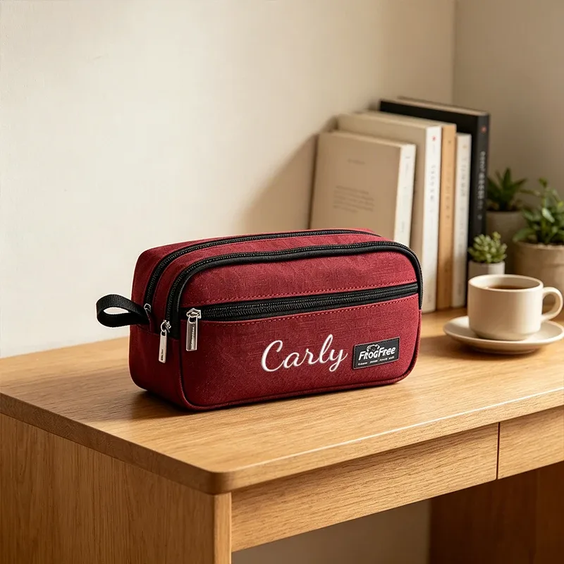 trousse polyester solide personnalisation lettres dorées compartiments maquillage voyage noir bleu rouge gris kaki