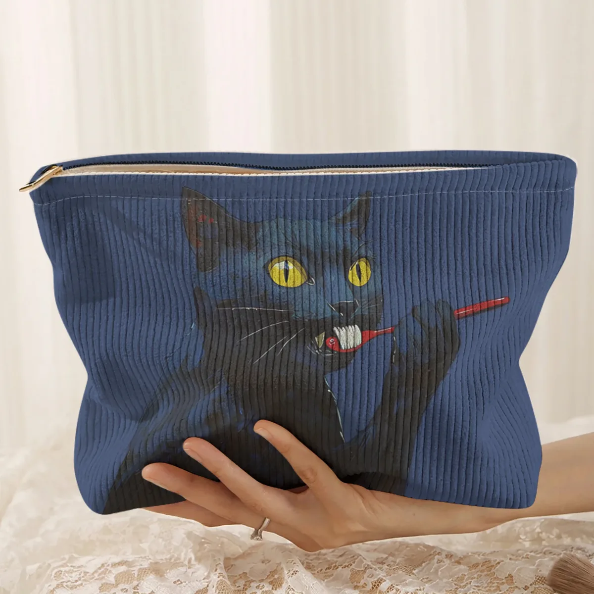 1 pièce, trousse de maquillage en velours côtelé à motif de chat noir, boîte de rangement légère à fermeture éclair, sac multifonctionnel avec doublure