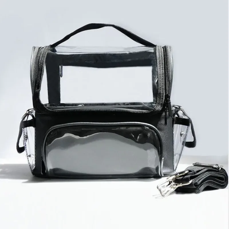 sac fourre-tout noir transparent en pvc multi-poches, approuvé pour les stades, sacs à maquillage transparents à bandoulière, sacs de voyage portables pour femmes, sac à main pour soins de la peau