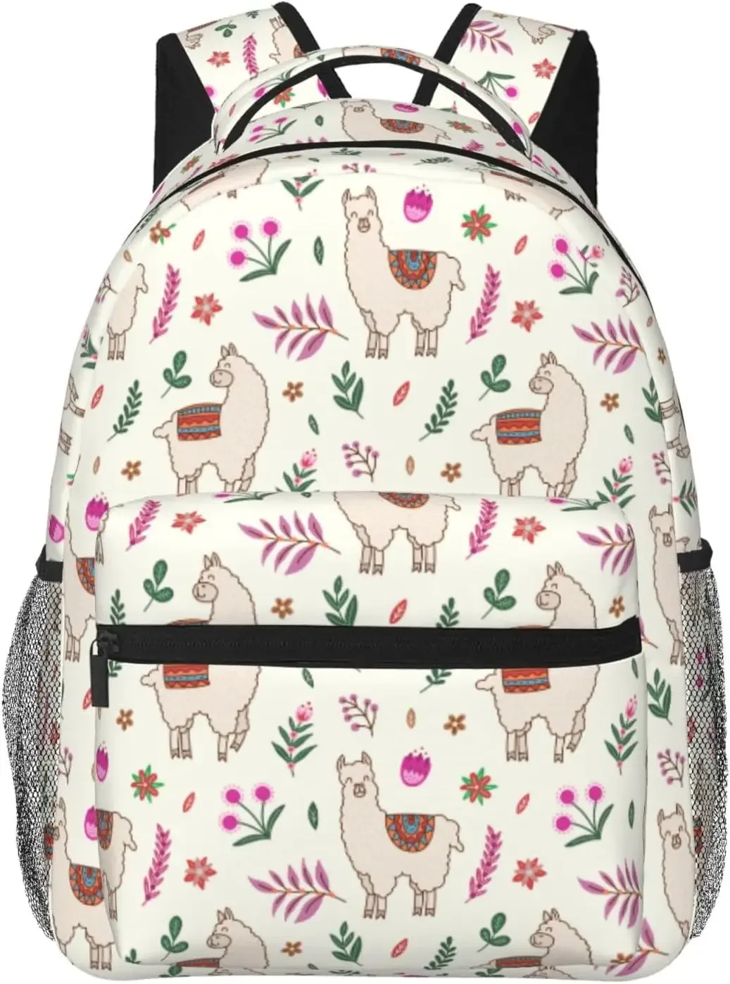 sac dos polyester noir motif lamas fruits vert pastel format rectangulaire sangle chaîne fermeture éclair poche intérieure zippée usage voyage école université