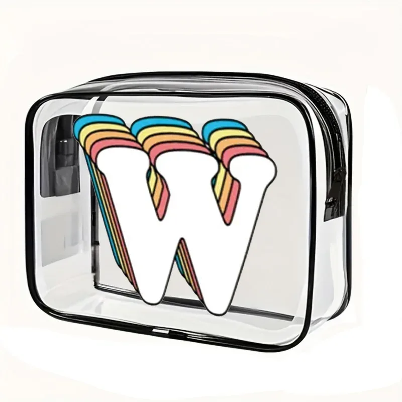 organisateur voyage cosmétiques pvc translucide poignée noire motif arcs-en-ciel lettre grande capacité format tonneau sac compression