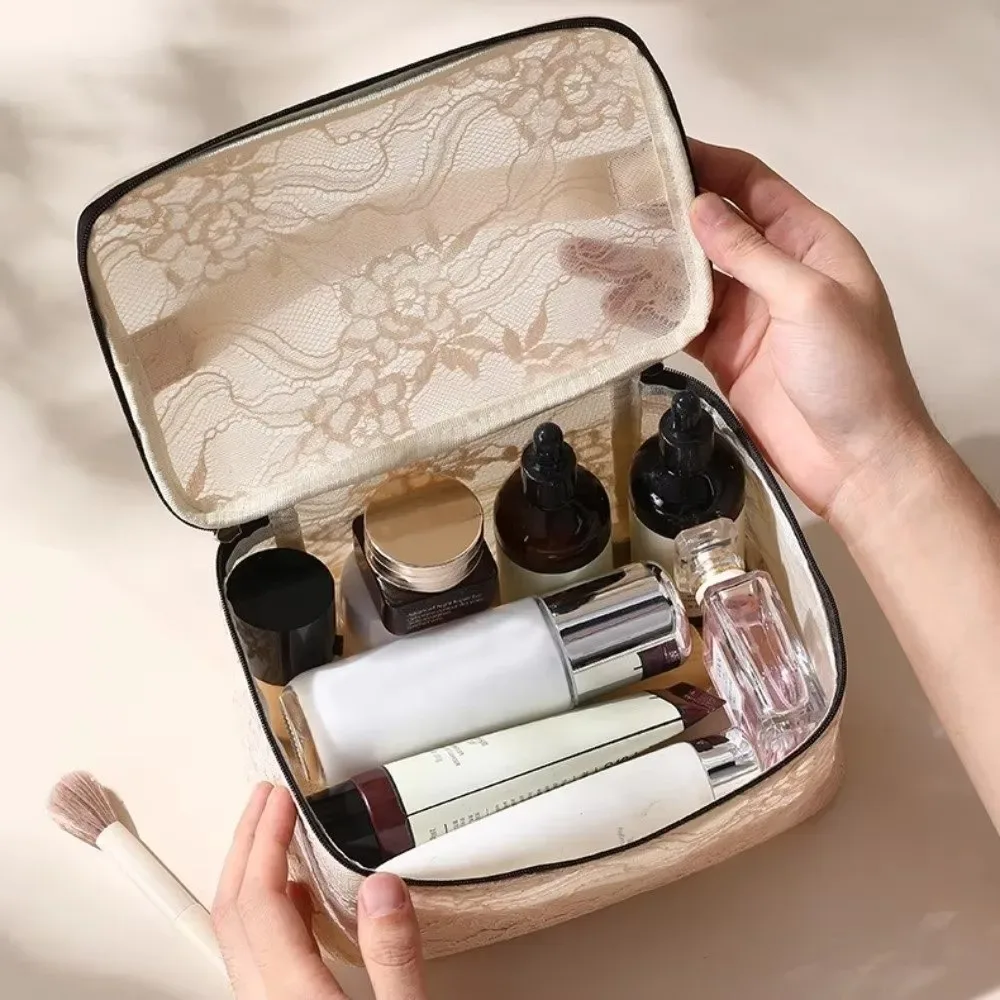 Trousse de Maquillage Élégante en Dentelle Couleur Unie Florale avec Poignée, Sac de Rangement Cosmétique Multifonctionnel Grande Capacité, Trousse de Toilette pour Fête