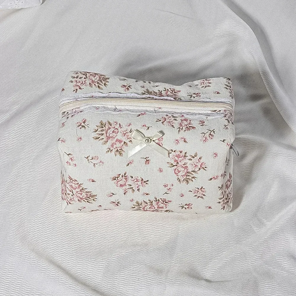 pochette cosmétique en dentelle de coton à nœud papillon floral, pochette de rangement portable pour rouge à lèvres, fermeture éclair, pour femmes, trousse de toilette de voyage