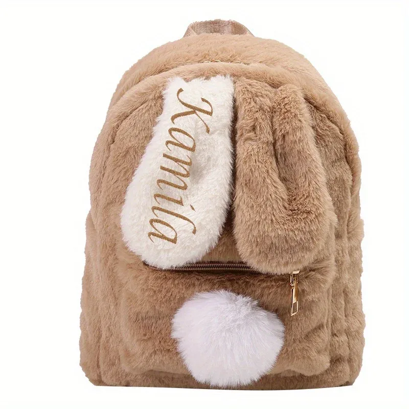 sac à dos léger et décontracté avec nom personnalisé, design d'oreille de lapin en peluche, cadeaux d'anniversaire parfaits pour la saison scolaire pour filles