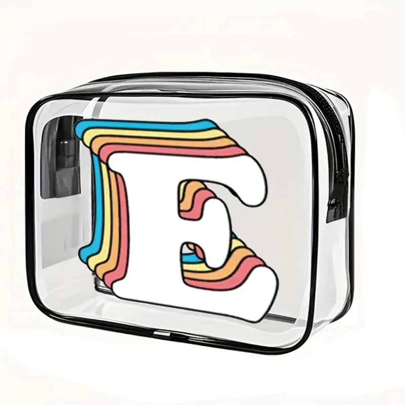 organisateur voyage cosmétiques pvc translucide poignée noire motif arcs-en-ciel lettre grande capacité format tonneau sac compression
