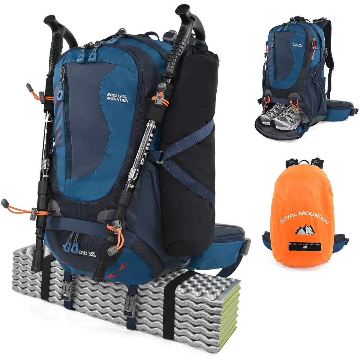 sac à dos de randonnée royal mountain 35l avec compartiment pour chaussures, tissu résistant à l'eau, support de cadre arrière, rembourrage respirant