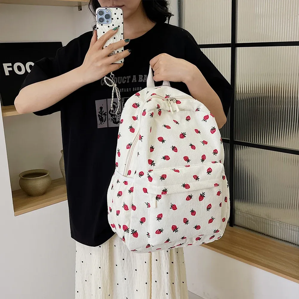 sac à dos en velours côtelé à motif fraise, sac à dos quotidien de grande capacité, sac à livres tendance, multi-poches, sangle réglable pour les voyages en plein air