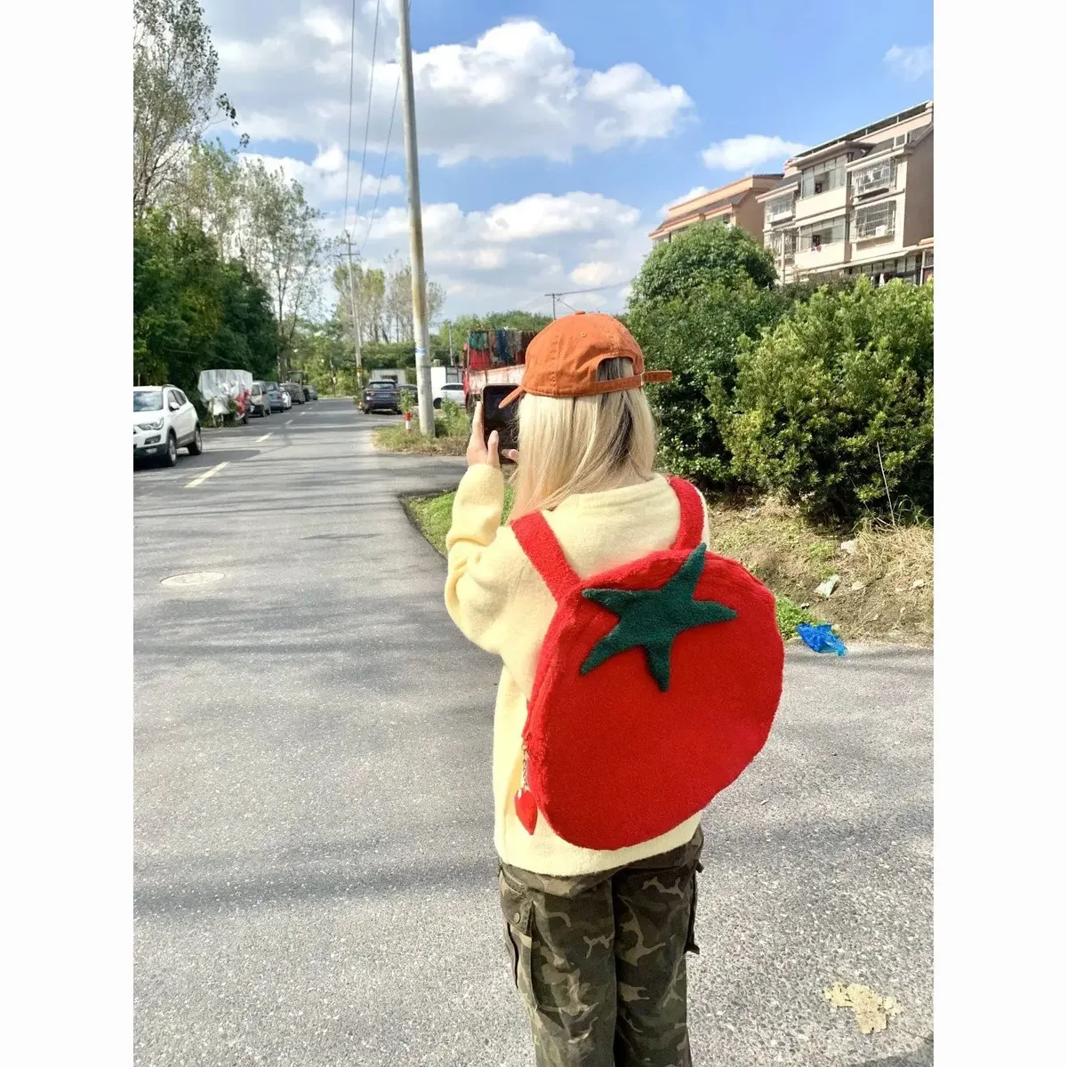 sac à dos en forme de tomate unisexe, sac à dos à fourrure haute capacité, style de rue coréen, doux et à la mode