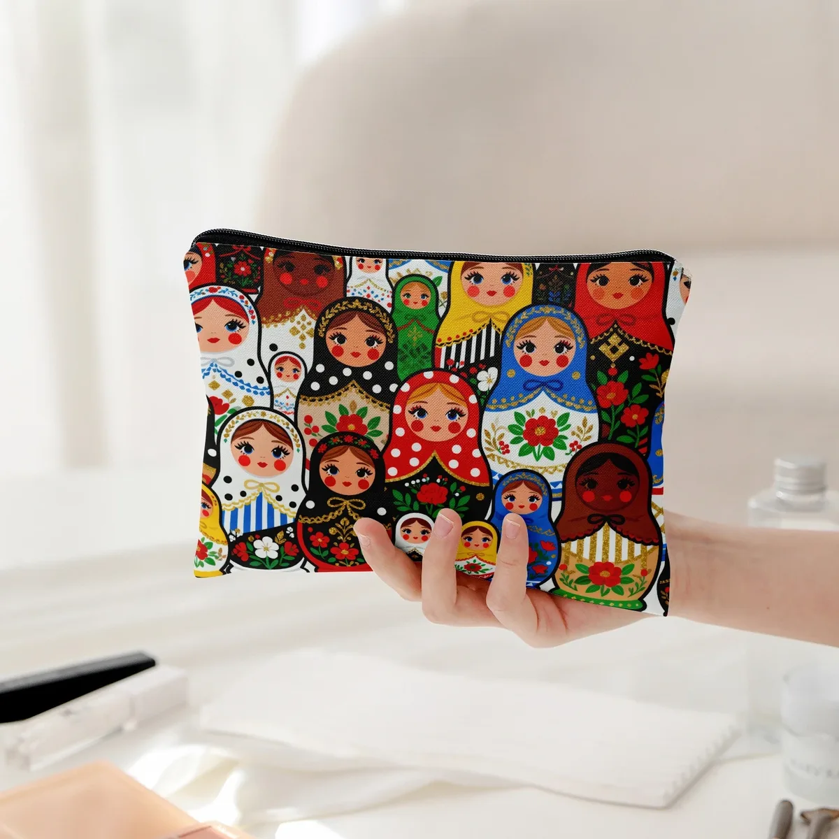 sac de rangement doublé imprimé double face avec motif de poupée matryoshka russe colorée, trousse de maquillage à motif folklorique traditionnel