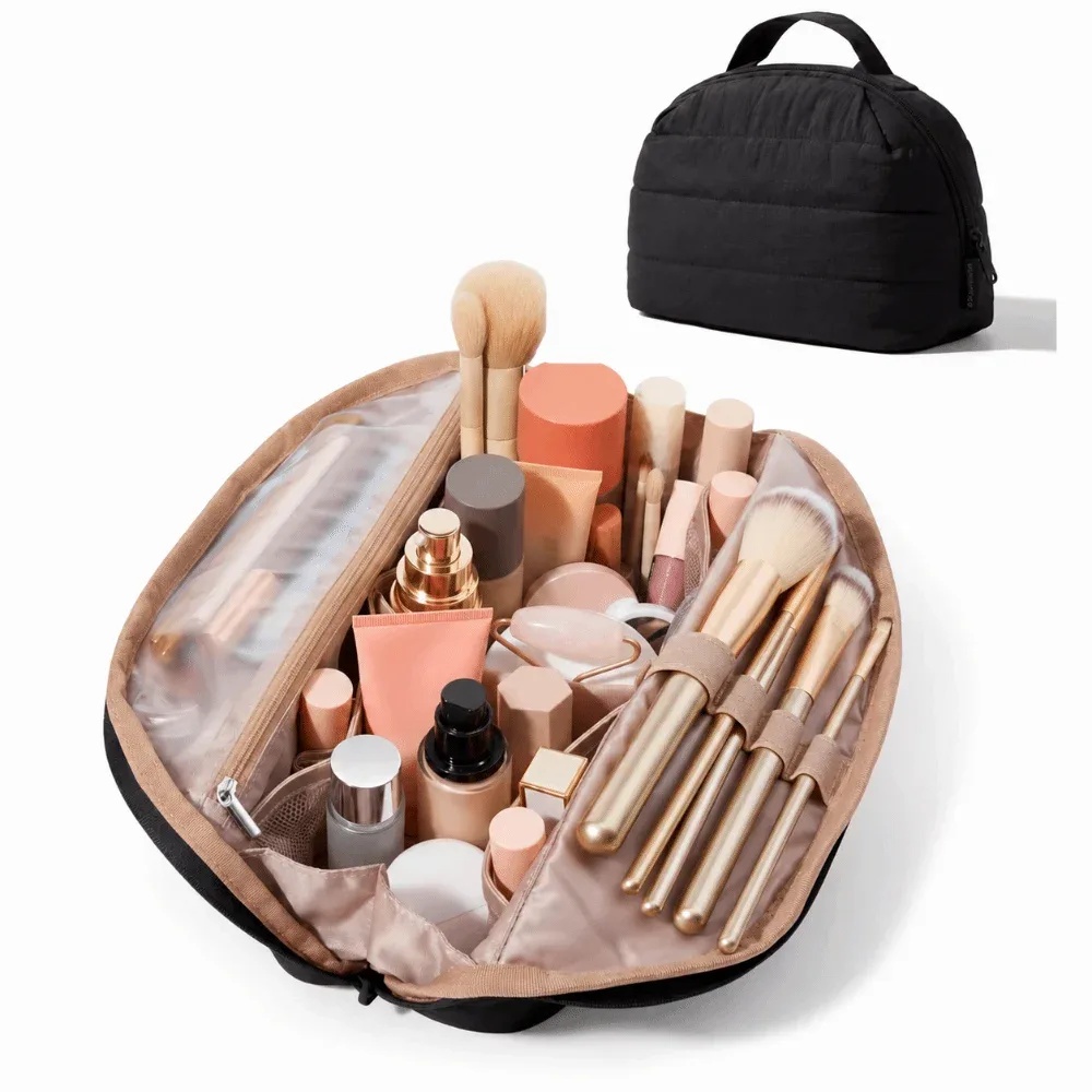 sac de maquillage de voyage pliable, multi-compartiments, séparateurs réglables, pochette de toilette, porte-pinceaux, fermeture à glissière, organisateur de maquillage